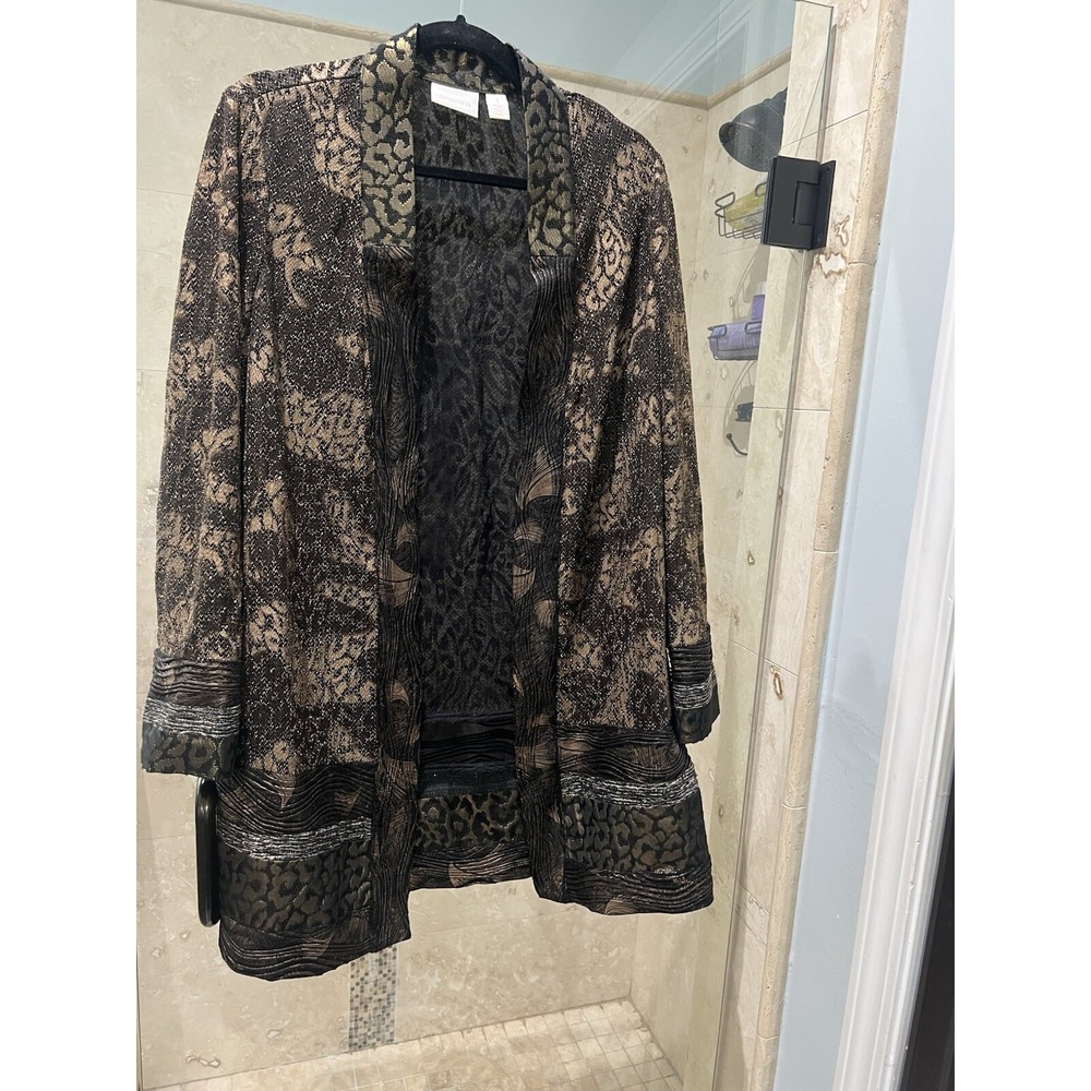 Chico's Sz 1 Art-to-Wear Bronze Gold Patchwork Long Jacket Blazer Reversible